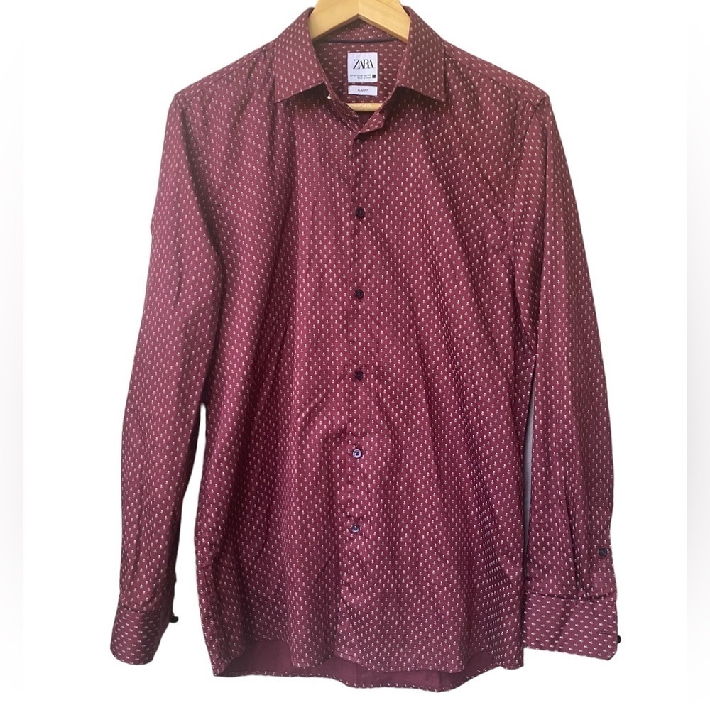 Zara Slim Fit Maroon Red Casual Button Up Down Collared Long Sleeve Shirt